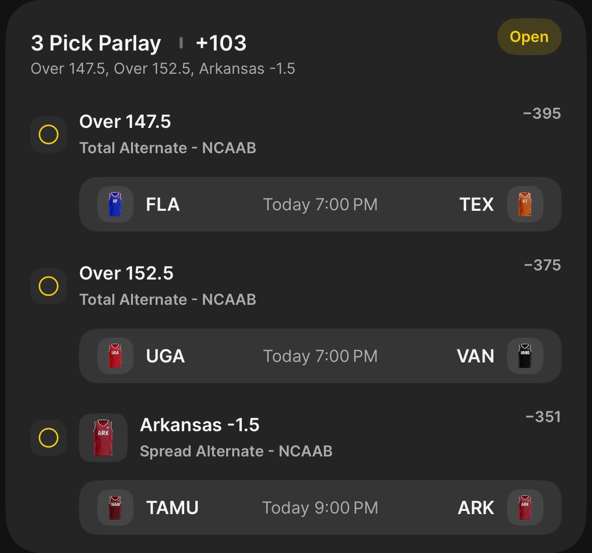 Coffee pot ladder challenge☕️💰

$10->$300 in 5 bets.

We aren’t losing until we finish over $300.

Bet #1 +103

$10-> $20

Florida/Texas over 147.5
Georgia/Vanderbilt over 152.5
Arkansas -1.5

Link in the replies. Who’s with me?💰✅

#GamblingX #draftkings