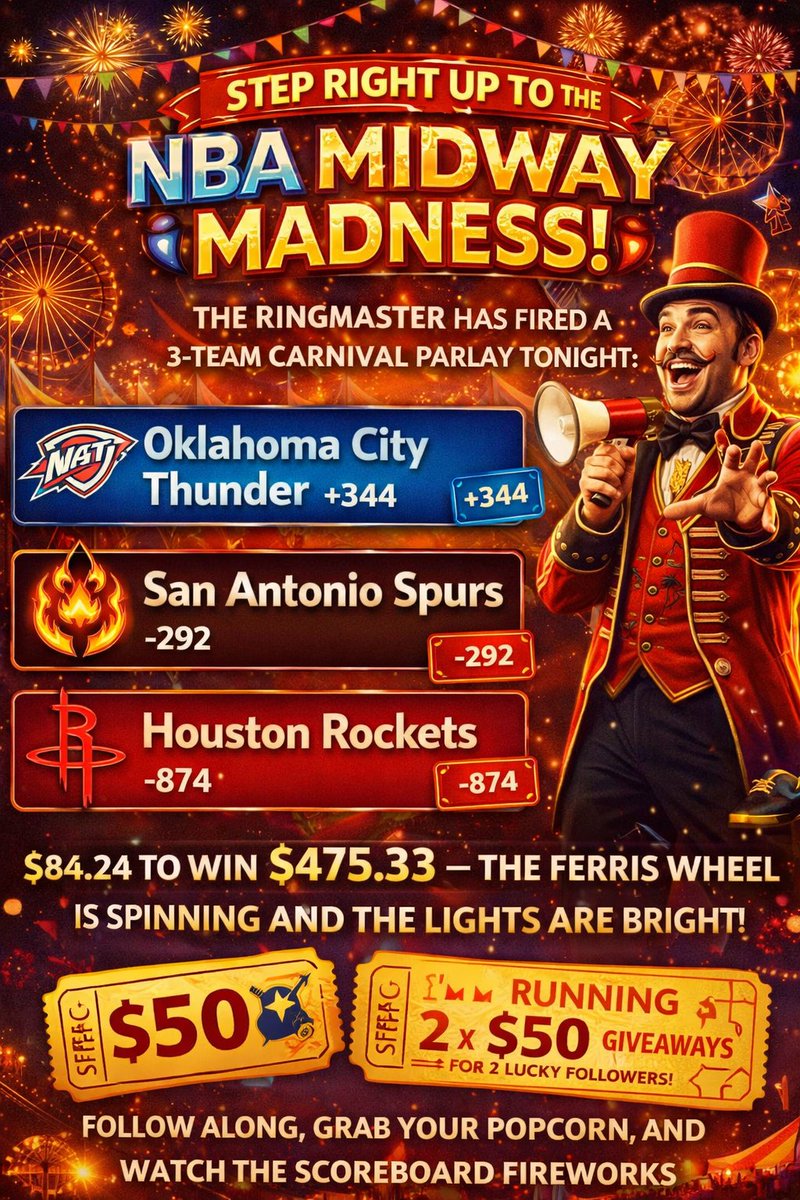 🎪🏀🔥 STEP RIGHT UP TO THE NBA MIDWAY MADNESS FOR WACKY WAGER WEDNESDAY! 🔥🏀🎪

The Ringmaster has fired a 3-Team Carnival Parlay on the <a href="/ACR_POKER/">ACR Poker</a>  hardwood tonight:

⚡ Oklahoma City Thunder +344
🔥 San Antonio Spurs -292
🚀 Houston Rockets -874
$84.24 to win $475.33 — the