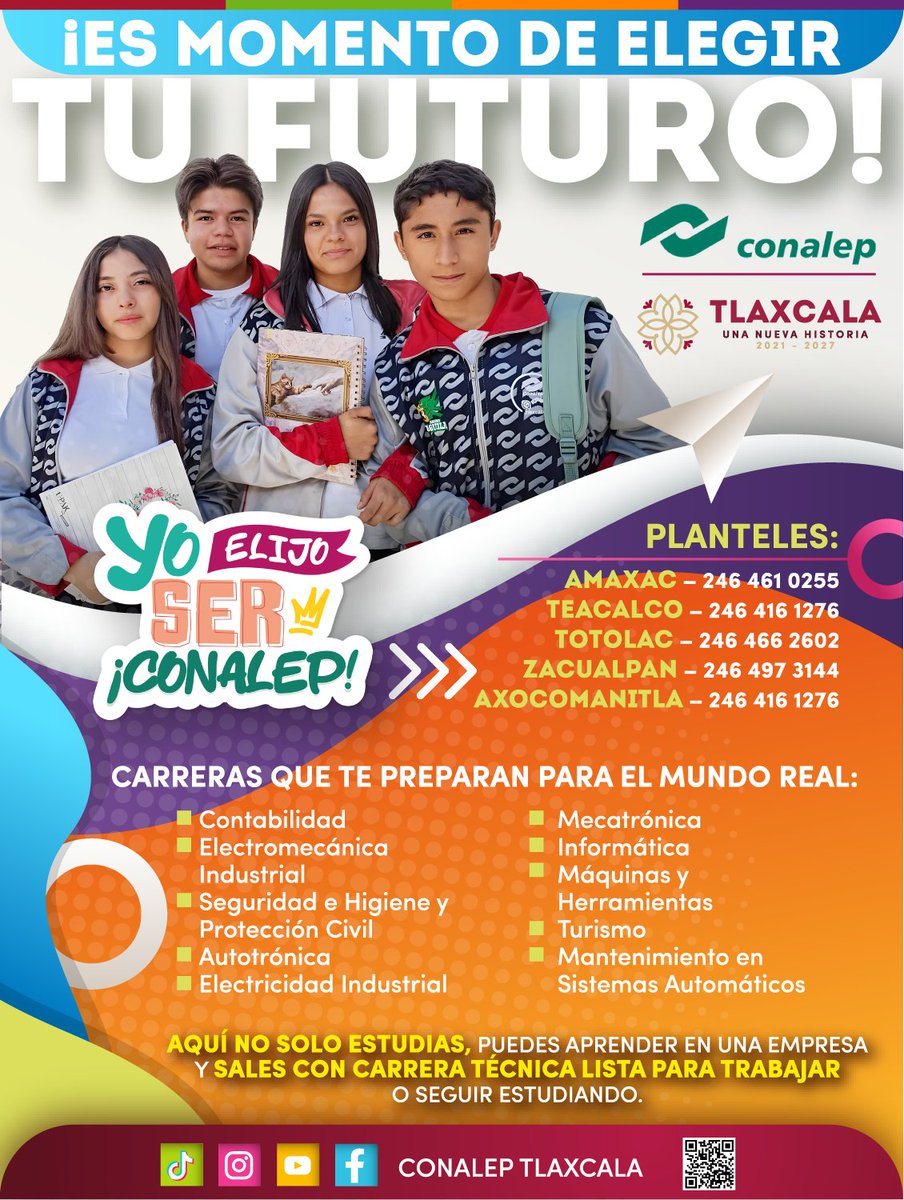 ¿Estás listo para darle forma a tu futuro? 🚀

En Conalep Tlaxcala 🤩 ¡te conviertes en un crack!

Con nosotros te metes de lleno en el mundo real, aprendes mientras practicas y sales con una carrera técnica.

Revisa las carreras que te preparan para seguir creciendo, 💼  desde