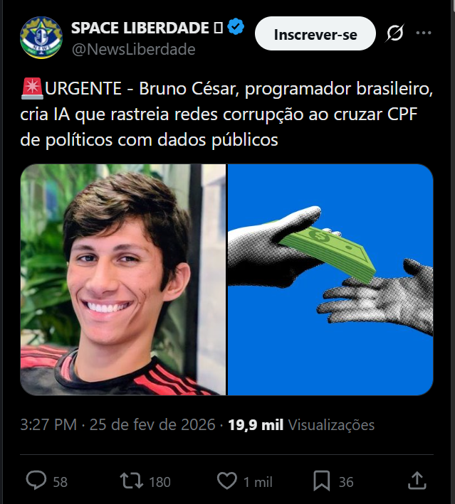 BrazilenDireita's tweet image. 🚨BOMBA !!!
Bruno César, programador brasileiro, cria #IA que rastreia redes #corrupção ao cruzar #CPF de políticos com dados públicos.