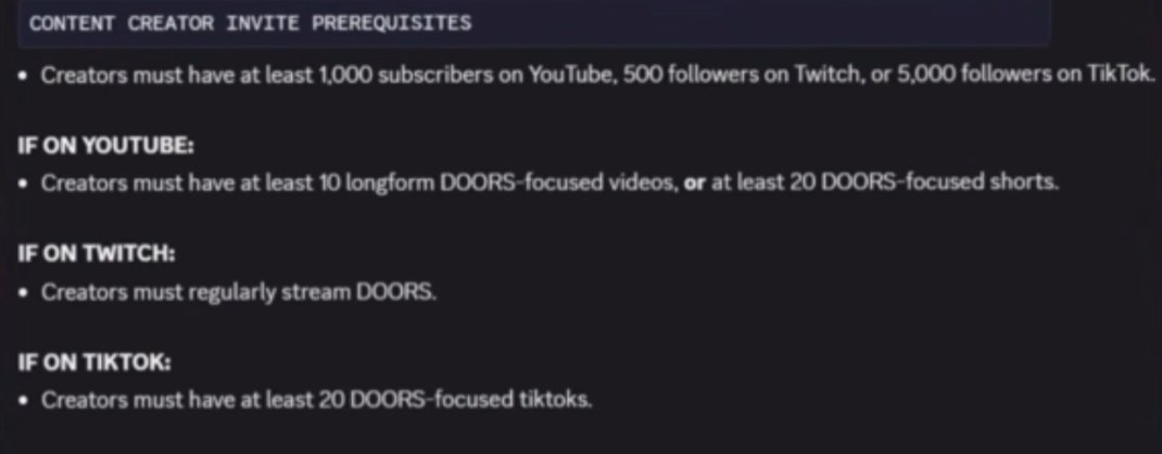 TheDoorsNews's tweet photo. ‼️| NOT ONLY YOUTUBE!

ℹ️| You can also be selected to be a Content Creator if you meet the requirements for also Twitch and TikTok!

1⃣| On Twitch: must have 500 followers and must regularly stream DOORS.

2⃣| On TikTok: must have 5k followers and at least 20 DOORS focused vids. https://t.co/0AKH4e57Tj