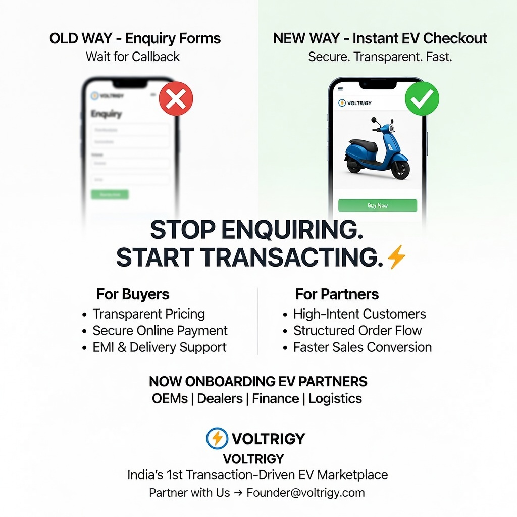 mkumarverma's tweet photo. India’s EV growth is stuck in enquiry mode.

Voltrigy moves it to transaction mode. ⚡

Buyers → Browse. Pay. Own.
Partners → Stop chasing leads. Start closing orders.
Now onboarding OEMs, Dealers &amp; Finance.

Partner with us → Founder@voltrigy.com

#EV  #ElectricVehicles https://t.co/ySVHPlU6Ka