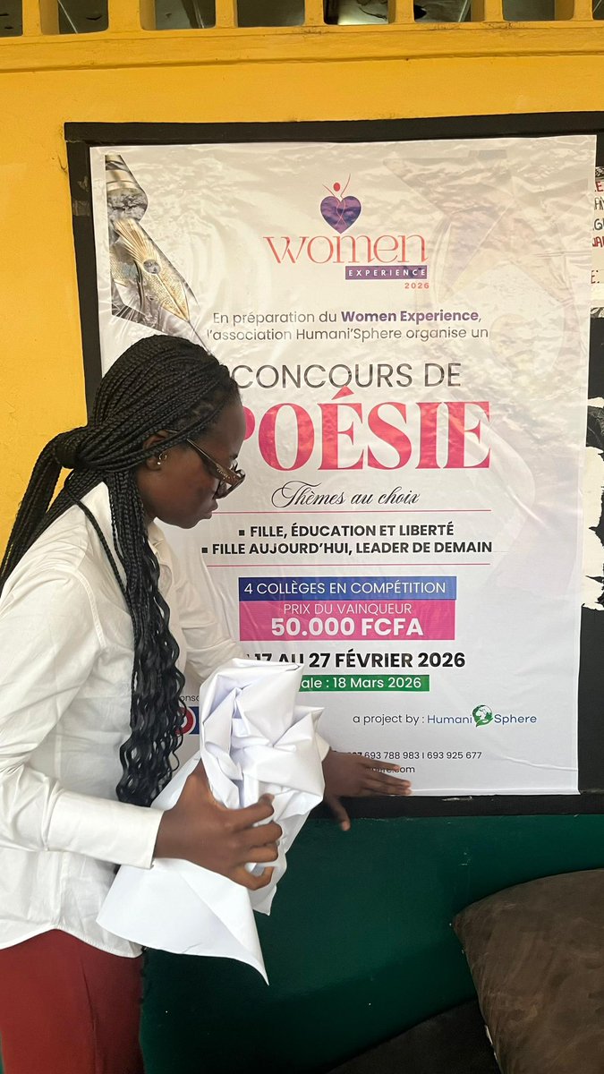 humanisphere's tweet photo. 📢 Les affiches sont en place… le message est lancé ! ✨ 

À travers le concours de poésie, Women Experience invite les jeunes filles à faire entendre leur voix sur des thèmes notions essentielles : Éducation • Liberté • Leadership féminin

✍🏾 Parce que les mots peuvent inspirer, éveiller et transformer des vies, vivez le concours de poésie au sein des collèges retenus le 27 février 2026.
Et retrouvons nous pour la grande finale le 18 mars 2026! 

•
•
•
•
•

#WomenExperience2026 #ConcoursDePoésie #VoixDesJeunes #LeadershipFéminin #ÉducationDesFilles HumaniSpher