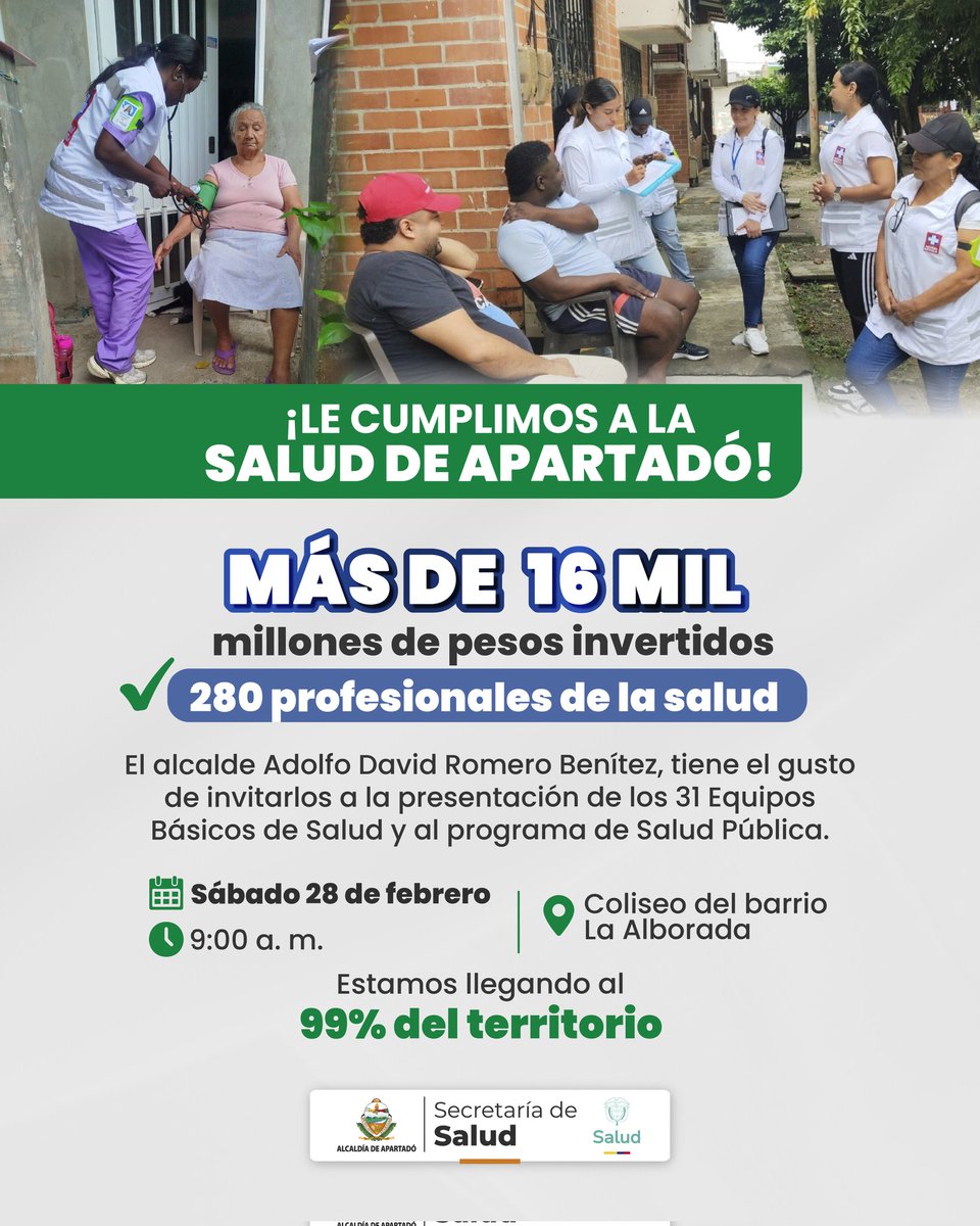 ¿𝐀𝐥𝐠𝐮𝐧𝐚 𝐯𝐞𝐳 𝐭𝐞 𝐡𝐚𝐬 𝐩𝐫𝐞𝐠𝐮𝐧𝐭𝐚𝐝𝐨 𝐪𝐮𝐢𝐞́𝐧𝐞𝐬 𝐬𝐨𝐧 𝐥𝐨𝐬 𝐩𝐫𝐨𝐟𝐞𝐬𝐢𝐨𝐧𝐚𝐥𝐞𝐬 𝐪𝐮𝐞 𝐫𝐞𝐜𝐨𝐫𝐫𝐞𝐧 𝐭𝐮 𝐜𝐮𝐚𝐝𝐫𝐚 𝐜𝐨𝐧 𝐜𝐡𝐚𝐥𝐞𝐜𝐨𝐬 𝐝𝐞 𝐬𝐚𝐥𝐮𝐝? 🤔
¡Es hora de que los conozcas! 
#ApartadóCiudadDeOportunidades  #SaludEnTuTerritorio