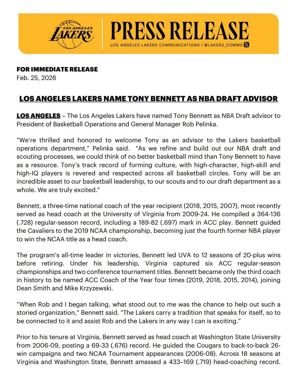 Lakers announced they've named Tony Bennett as NBA Draft advisor