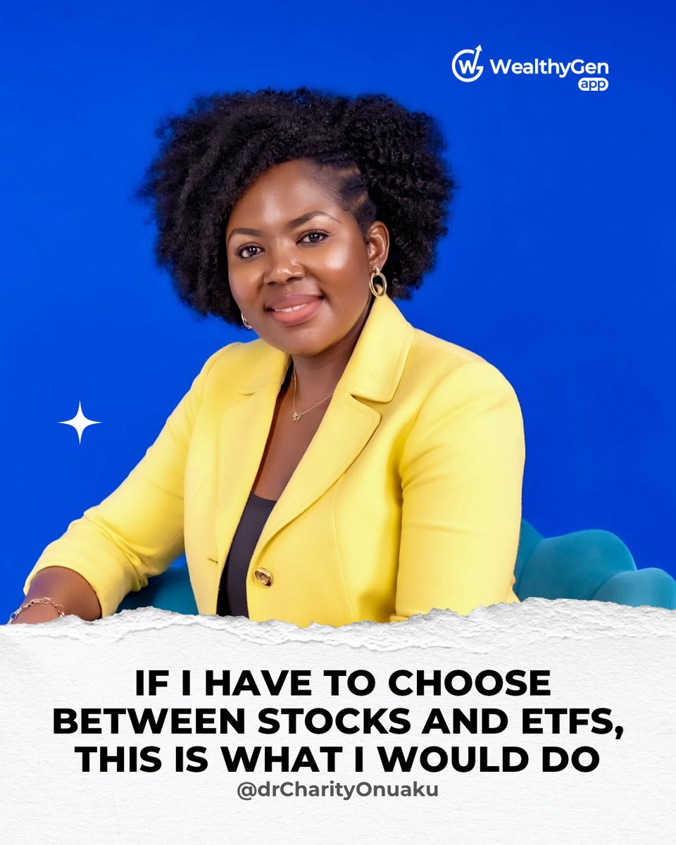drcharitye's tweet photo. If I have to choose between STOCKs and ETFs, this is what I would do:

If I am a beginner, I will choose ETFs, not just any ETF, but broad-market ETFs. I will choose this for stability. But as I grow in confidence and research skills, I will select high-quality stocks for higher upside. 
 
Here is why:

ETFs trade like stocks, but unlike stocks that reflect the performance of a specific company, ETFs track the performance of entire markets, sectors, commodities, or asset classes.

Examples of broad market ETFs are those that track the whole equity market like the Vanguard Total Stock Market ETF; or the S&P 500 such as the SPDR S&P 500 ETF Trust and Vanguard S&P 500 ETF. 

Investing in these means that your portfolio will mirror that of the entire equity market, or that you own share in top 500 US companies across different sectors and your performance will mirror that of S&P 500 index. Your portfolio is diversified.

I will choose this as a beginner because I want to invest for long-term growth and need stability while I learn. However, once I understand my way around stock investing, I will add high quality stocks that suit my investor profile to balance and grow my portfolio.

I’m Dr. Charity Ezenwa-Onuaku, and I’m building #WealthyGen to advance global financial literacy and drive sustainable wealth creation.

This week, we are simplifying STOCKs vs ETFs in the WealthyGen money lounge and I am answering all your related questions. Bring them on to the “Growing Money Through Investing” money lounge. 

Download the WealthyGen App.
Track your finances, build better money habits, learn from expert-led conversations, and grow lasting wealth. 
👉🏽 https://t.co/IRou7ai4Ou

#personalfinance #WealthMindset #BehavioralFinance #FinancialLiteracy #SmartMoney
