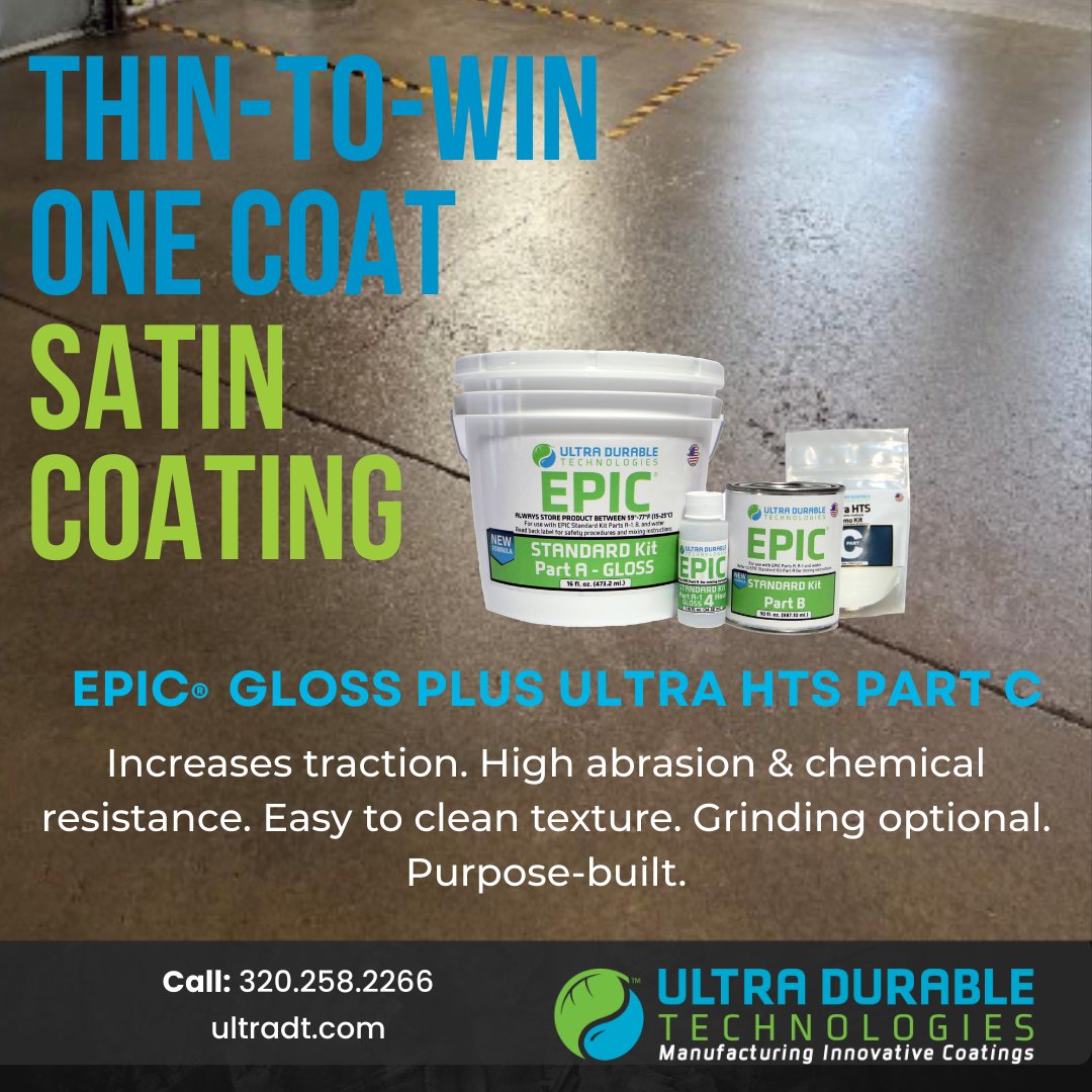 UltraDT_MN's tweet photo. When you combine EPIC Gloss with Ultra HTS Part C Additive, you get beautiful, tough concrete floors with a satin sheen that last 3-5 years or longer. No grinding, stripping, or buffing necessary! Get yours today! https://t.co/AGvRufVXFO https://t.co/yjoV1m2nE3