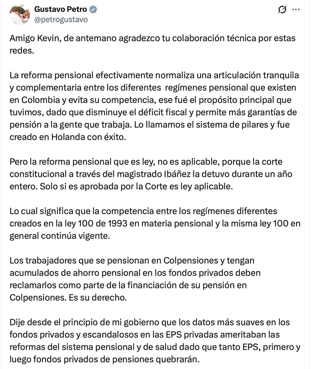 normahurtados's tweet photo. Señor presidente @petrogustavo: el mayor logro de mi ponencia alternativa a la reforma pensional —que su gobierno rechazó— fue proteger los ahorros de los colombianos en el @BancoRepublica, precisamente para evitar el riesgo que hoy ustedes reviven: que el dinero de las pensiones termine financiando gasto público sin control.

Quedó claro en el artículo que tomaron de nuestra propuesta: los recursos de los traslados pensionales iban al fondo de ahorro del @BancoRepublica, no a @Colpensiones. Lo que ahora pretende su gobierno, por reglamentación de @MintrabajoCol, es gravísimo: desautorizar lo que quedó escrito en la ley, lo que podría configurar prevaricato. 

Insto a la @PGN_Col y a la @CGR_Colombia a actuar de manera preventiva frente a este proyecto de decreto.