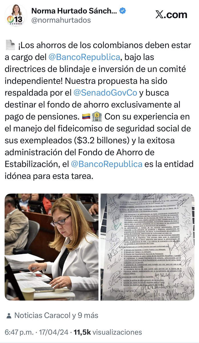 normahurtados's tweet photo. Señor presidente @petrogustavo: el mayor logro de mi ponencia alternativa a la reforma pensional —que su gobierno rechazó— fue proteger los ahorros de los colombianos en el @BancoRepublica, precisamente para evitar el riesgo que hoy ustedes reviven: que el dinero de las pensiones termine financiando gasto público sin control.

Quedó claro en el artículo que tomaron de nuestra propuesta: los recursos de los traslados pensionales iban al fondo de ahorro del @BancoRepublica, no a @Colpensiones. Lo que ahora pretende su gobierno, por reglamentación de @MintrabajoCol, es gravísimo: desautorizar lo que quedó escrito en la ley, lo que podría configurar prevaricato. 

Insto a la @PGN_Col y a la @CGR_Colombia a actuar de manera preventiva frente a este proyecto de decreto.