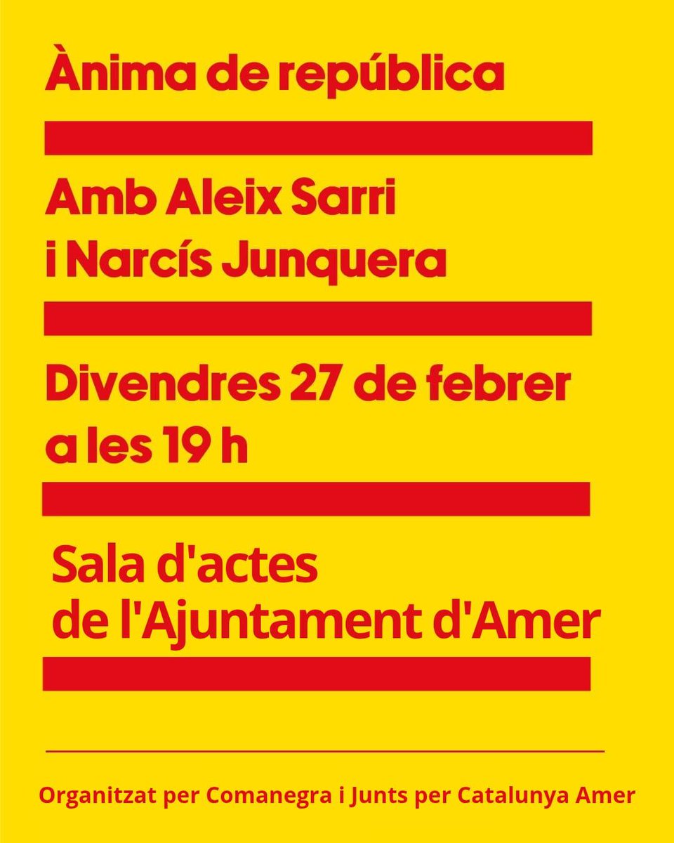 Gironanoticies's tweet image. Aleix Sarri presenta a Amer el llibre Ànima de República  gironanoticies.com/noticia/289603…

L’acte tindrà lloc aquest divendres 27  de febrer a les 19 h a la sala d’actes de l’Ajuntament i està organitzat  per Junts per Catalunya Amer i Comanegra  #Amer #laSelva  @JuntslaSelva