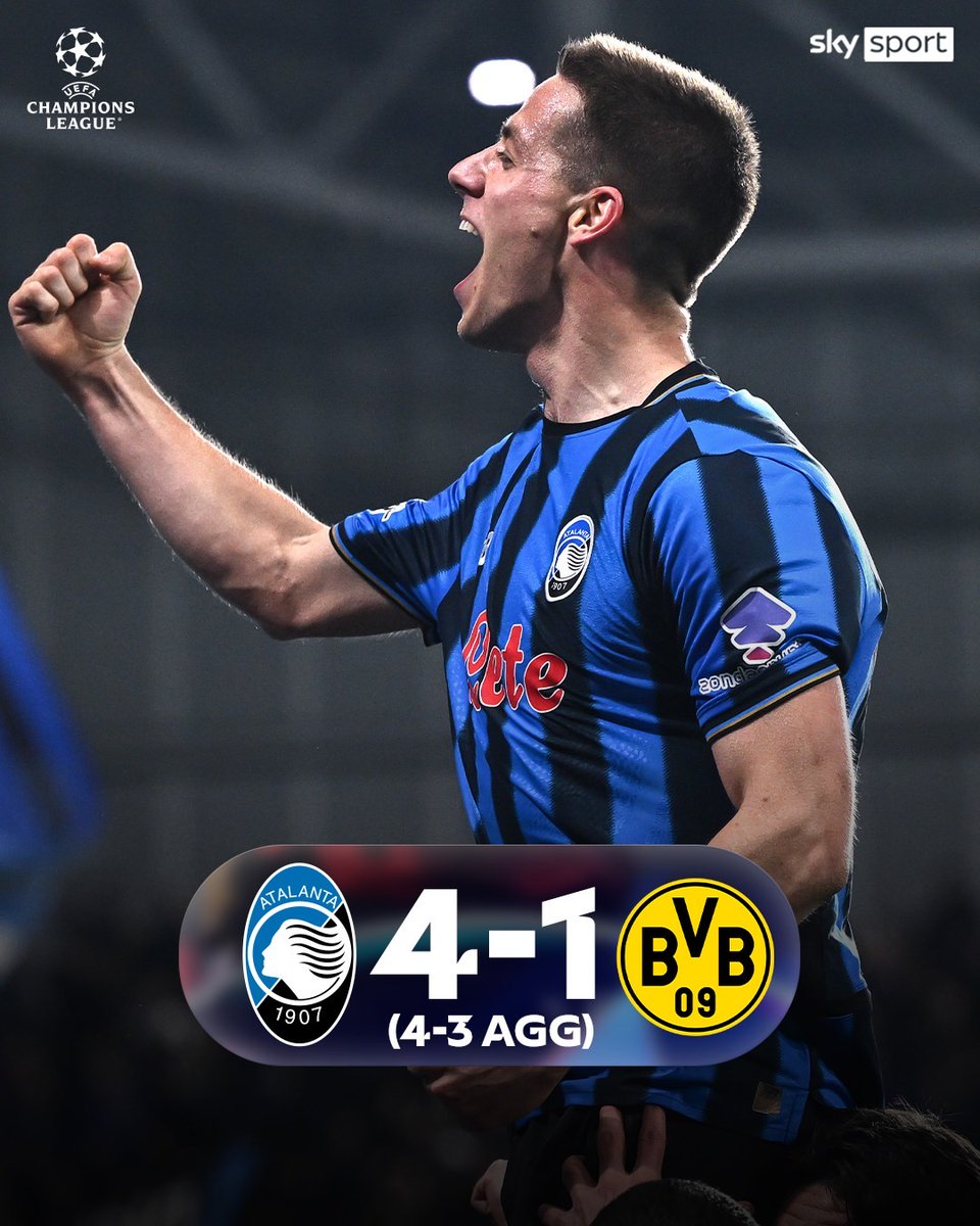 SkySport's tweet photo. L'𝐀𝐭𝐚𝐥𝐚𝐧𝐭𝐚 è 𝑨𝑮𝑳𝑰 𝑶𝑻𝑻𝑨𝑽𝑰 di finale di Champions League 🌟🤯
La serata 𝑴𝑨𝑮𝑰𝑪𝑨 alla New Balance Arena viene decisa dal calcio di rigore a tempo scaduto di 𝑳𝒂𝒛𝒂𝒓 𝑺𝒂𝒎𝒂𝒓𝒅𝒛𝒊𝒄 ✨

🏟️#AtalantaBorussiaDortmund 4-1 
#SkySport #Pasalic #SkyUCL #UCL https://t.co/yL057I7fnC