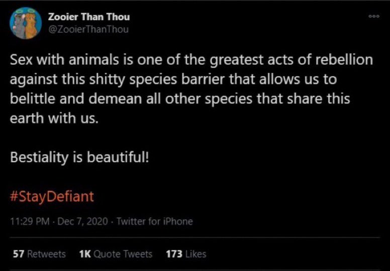 Bestiality is always rape. Btw, you’re also following two known bestiality advocate accounts. The creator of Zooier than thou ran an illegal bestiality farm. HE made a choice, and yet people like you still support that criminal scum.