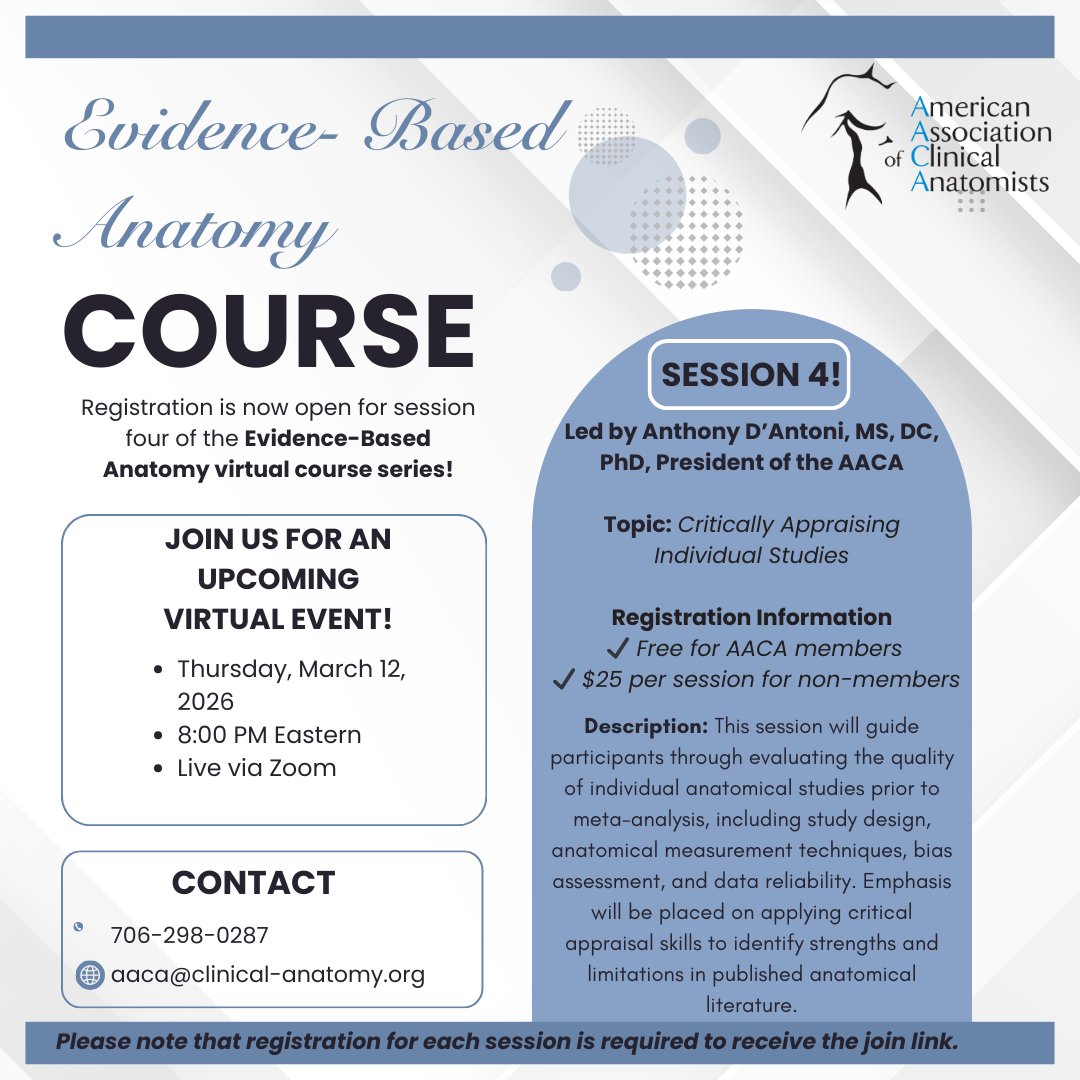 Registration is now open for Session 4 of the Evidence-Based Anatomy virtual course series. This bi-monthly program, presented live via Zoom. Led by Anthony D’Antoni, MS, DC, PhD, President of the AACA.