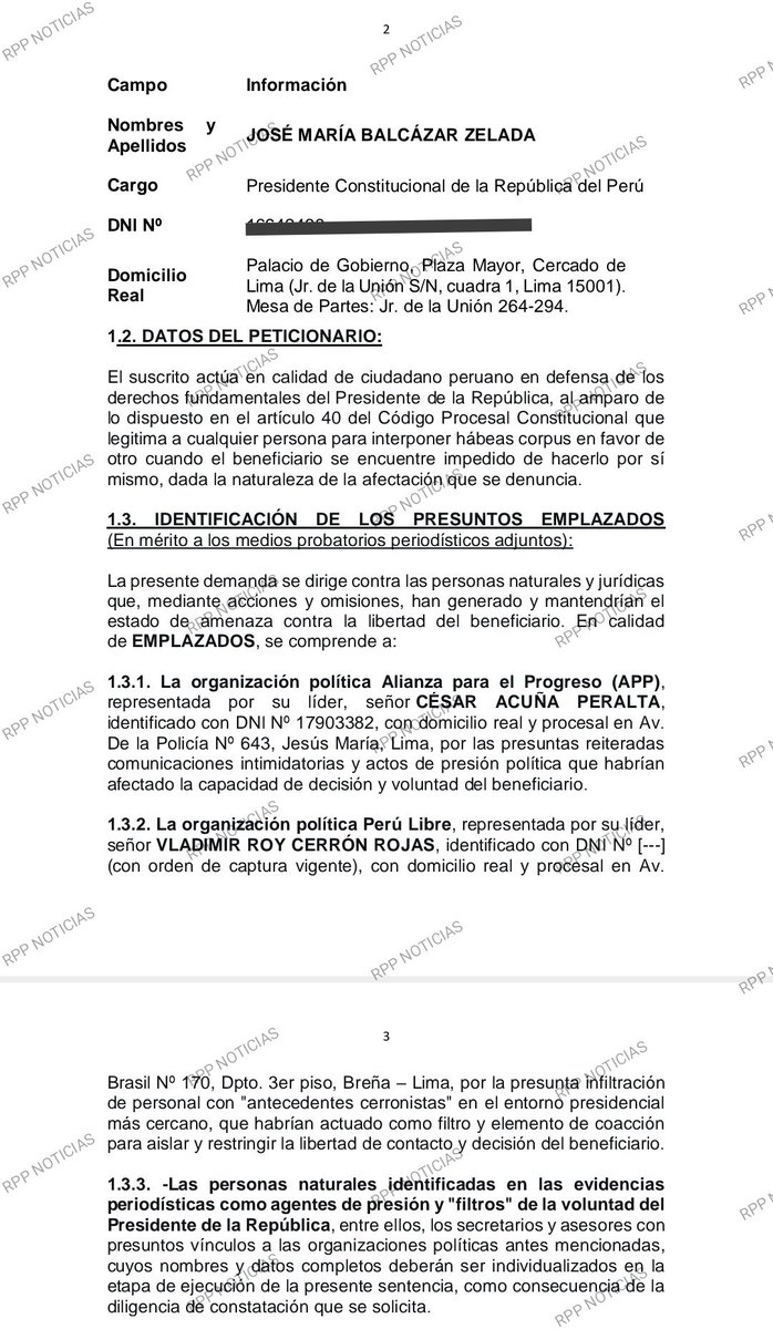 #OJO El abogado Jesús Barboza presentó un habeas corpus por una supuesta amenaza contra la libertad, integridad psíquica y autonomía de la voluntad del presidente José Balcázar. La demanda es contra <a href="/CesarAcunaP/">César Acuña Peralta</a> y <a href="/VLADIMIR_CERRON/">Vladimir Cerrón</a>