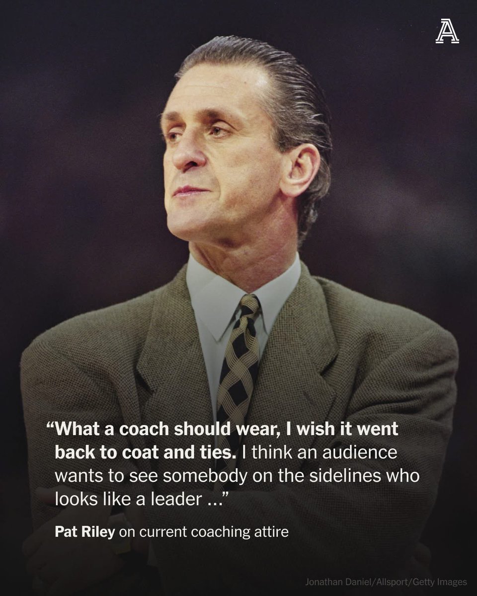 Today’s coaches look like gym teachers so I fully agree with Riley. If you can’t win games, at least try to look like a winner. Transform the hard court into your own personal runway. <a href="/C2_Cooper/">Caitlin Cooper</a> <a href="/timeburns1/">timeburns</a> <a href="/AlexGoldenNBA/">Alex Golden</a> <a href="/PacersKev/">Kevin Pritchard</a> <a href="/TonyREast/">Tony East</a> <a href="/RicBucher/">Ric Bucher</a> <a href="/Rachel__Nichols/">Rachel Nichols</a> <a href="/Pacers/">Indiana Pacers</a>