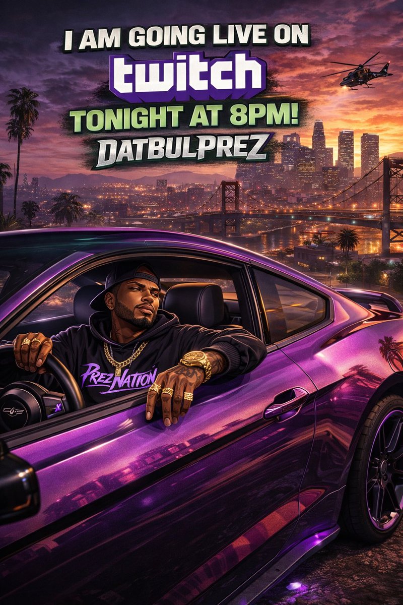 DatBulPreZ's tweet photo. Prez pulling up DIFFERENT tonight 🏎️💨
We outside in GTA Online and the vibes gonna be CRAZY 😈
Going LIVE at 8PM on Twitch
Pull up or miss history 👀
🎮 Twitch: DatBulPreZ
Who riding with me tonight? 
#DatBulPreZ #TwitchStreamer #GTAOnline #GTAV #GoingLive #LiveStream #fypシ https://t.co/gvwvlUjDxL