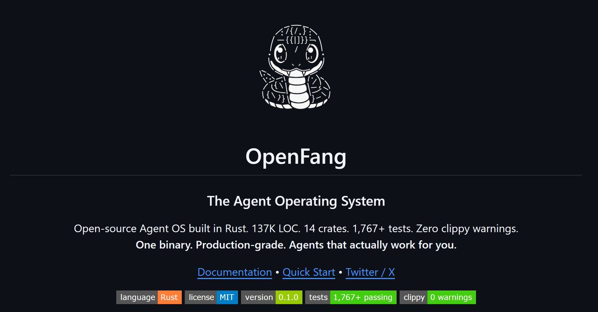 We open sourced an operating system for ai agents
137k lines of rust, MIT licensed

we love <a href="/openclaw/">OpenClaw🦞</a>  and it inspired a lot of what we built. but we wanted something that works at the kernel level so we built <a href="/openfangg/">OpenFang</a> 

agents run inside WASM sandboxes the same way processes