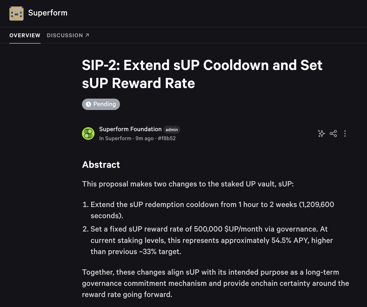 superformxyz's tweet photo. SIP-2 is Live: Aligning $UP Long Term

The user-owned neobank works when you exercise your voice & vote. You directly influence the evolution of the protocol. Every vote matters, ownership matters.

SIP-2 is now live, designed to strengthen the long term alignment of $UP by refining protocol parameters to support sustainable growth. Ensuring that $UP is positioned for durability is a core priority for the Superform Foundation.

Read the proposal, vote, and discuss here
https://t.co/JU8LWO4QZc