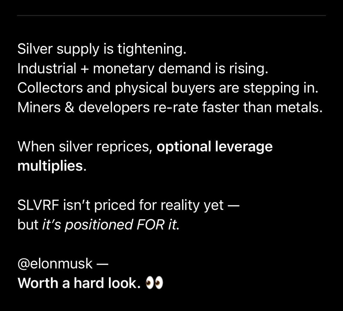 CharlesT_555's tweet photo. π¨ #SILVER IS BREAKING OUT β EVERY SIGNAL IS ALIGNING π¨
Physical supply tightening.
COMEX repricing pressure building.
Institutional capital allocating.
Tesla and EV supply chains demanding silver.
News 2/23
https://t.co/vakeBxtabn
@elonmusk β
Worth a hard look. π
#SLVRF https://t.co/hDI6mwCccN