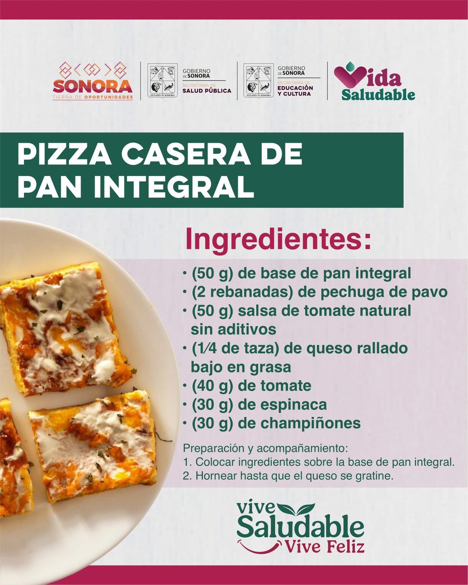 🟠 ¡Comer saludable también puede ser delicioso! 🍕✨

En nuestra campaña #ViveSaludableViveFeliz, te invitamos a transformar tus antojos en opciones nutritivas y llenas de sabor. 

Hoy te compartimos una receta práctica y balanceada: pizza casera con pan integral, perfecta para