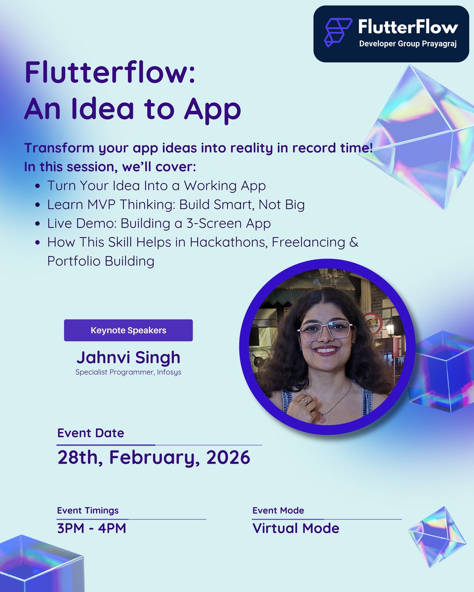 ffdg_prayagraj's tweet photo. 💡 Got an app idea? Let’s turn it into reality 🚀

Join “FlutterFlow: An Idea to App” and learn to build apps faster ⚡
🗓 28 Feb 2026 | ⏰ 3–4 PM | 💻 Virtual
🎯 Learn from Infosys expert Jahnvi Singh

👉 Register:
https://t.co/NVUL4dv6gQ

#FlutterFlow #AppDev #NoCode https://t.co/AJu0OIe2Am