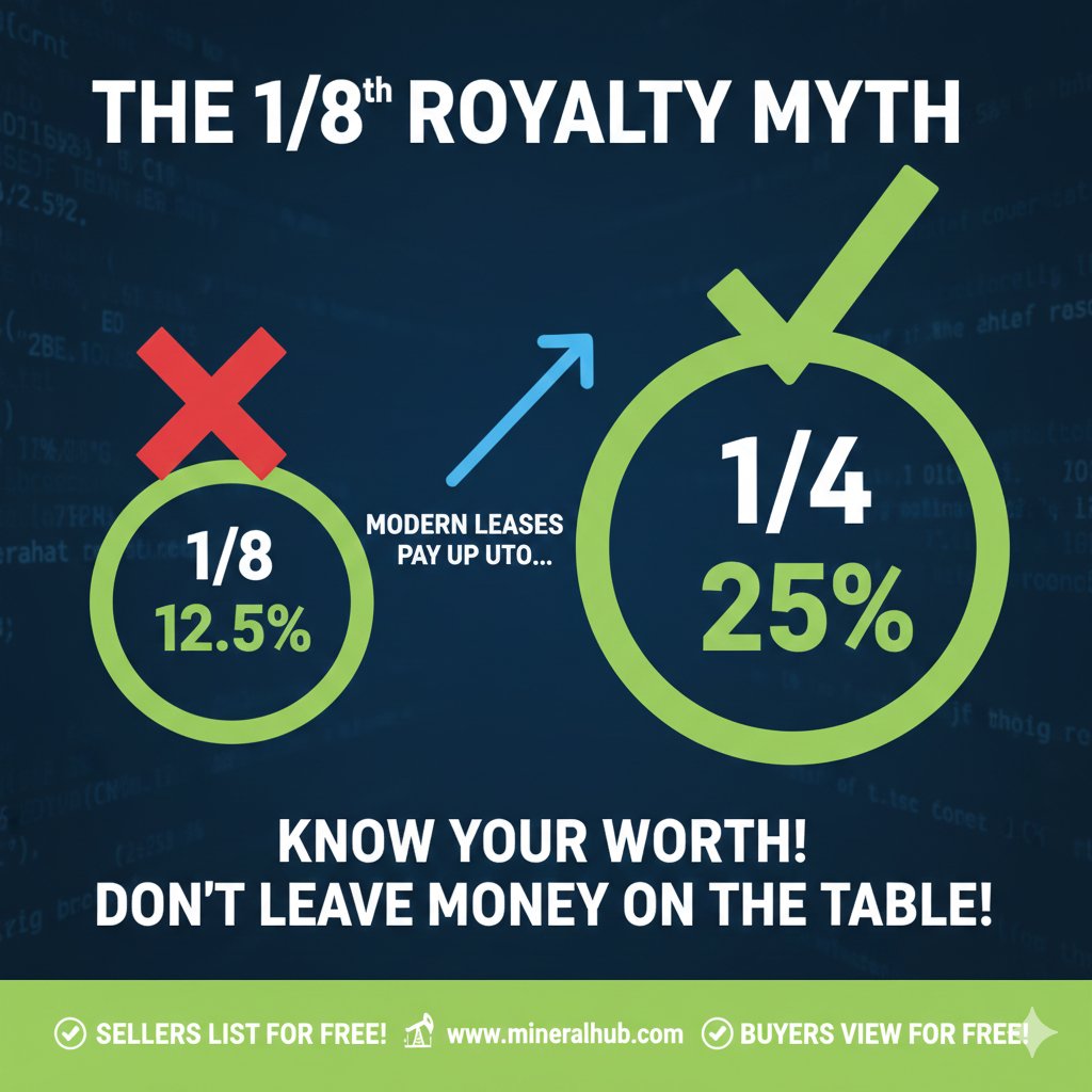 MineralHub's tweet photo. Is 1/8th really the "Standard" royalty? (Hint: No!) 🛑📉

For decades, many mineral owners have been told that a 12.5% (1/8th) royalty is the standard for oil and gas leases. In reality, that "standard" is a relic of the past!

In today’s market, especially in competitive basins like the Permian or Appalachian, royalties often range from 18.75% (3/16ths) to as high as 25% (1/4th). Accepting a 1/8th royalty could mean cutting your long-term income nearly in half before a single well is even drilled.

Don't settle for "standard" when you can get market value:

✅ Owners: List mineral rights for sale/lease for FREE. 
✅ Buyers: View our listings for FREE.
Learn more about your mineral rights at 🌐 https://t.co/RUT4pAGZiu

#MineralRights #OilAndGas #MineralOwnerTips #PassiveIncome #MineralHub #RealEstate