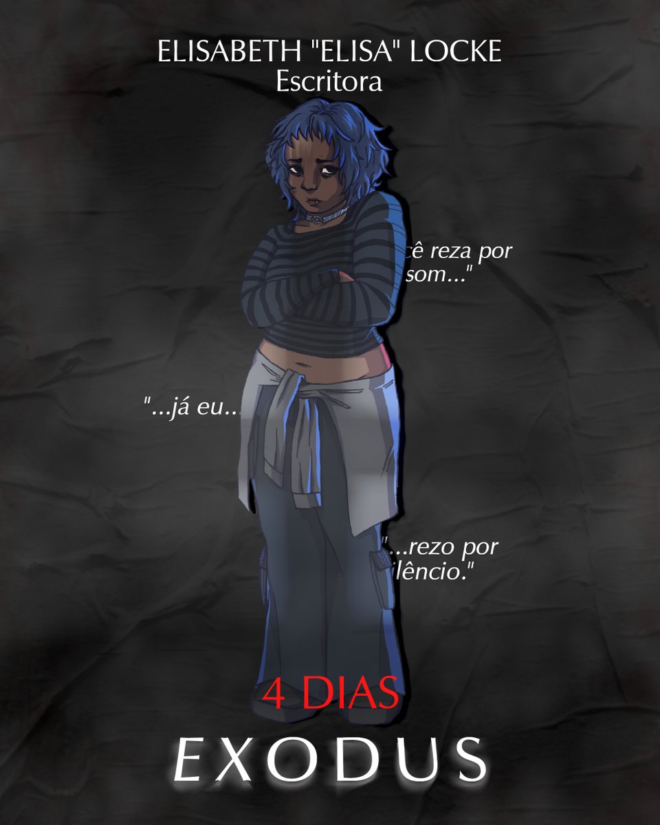 "Você reza por som, eu rezo por silêncio."

ELISA será interpretada por <a href="/glostier/">essi</a> em EXODUS

Ao vivo no PALCO em discord.gg/colmeiadoabelha

FALTAM 4 DIAS. #EXODUSRPG