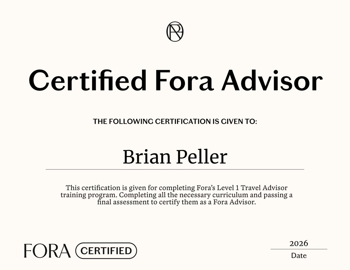 PellerBrian's tweet photo. Super excited to announce I’m officially a Fora-certified travel advisor! I've learned the ins and outs of booking travel – and I'm ready to plan your next trip! Connect with me to get started. https://t.co/poCI3WQdQT