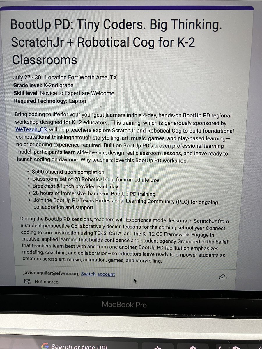 dfwcsta's tweet photo. Dear @dfwcsta members,
Please review the available elementary workshops. We sincerely appreciate the efforts of @weteachcs @hellorubyworld, and @BootUpPD in providing these valuable learning opportunities to support our students' #coding education. #CSforYall #equity #diversity https://t.co/nRfF4Dl3rC