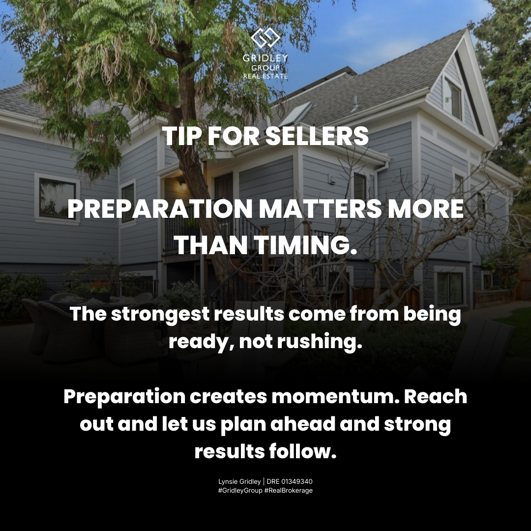 LRGridley's tweet image. Preparation beats timing.

Strong results start before the listing goes live.

#SellerTips #WednesdayWisdom #GridleyGroup #Real #REALTOR®️ #DRE01349340