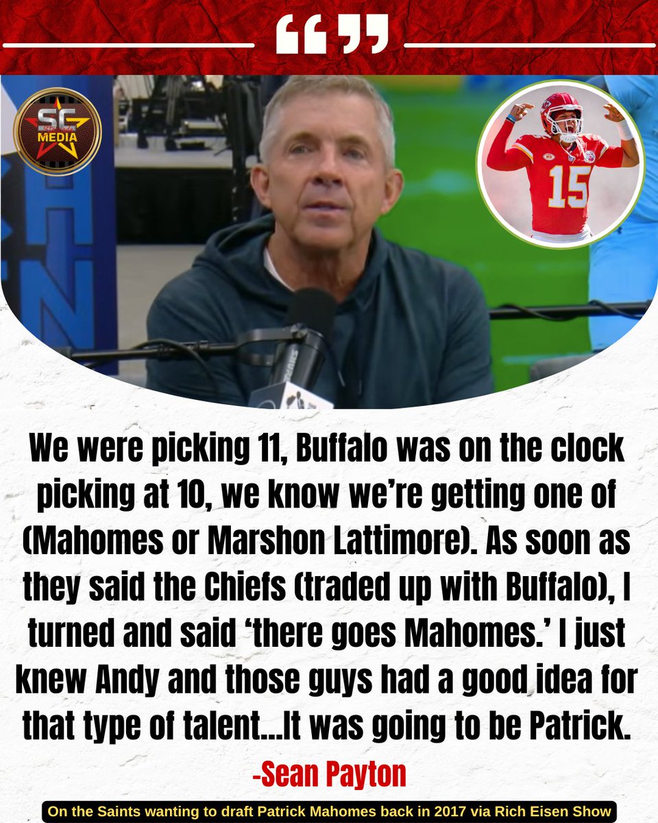 StarcadeMediaKC's tweet image. #Broncos coach Sean Payton talks about the moment he realized the #Saints were about to lose Patrick Mahomes to the #Chiefs. 

- @RichEisenShow