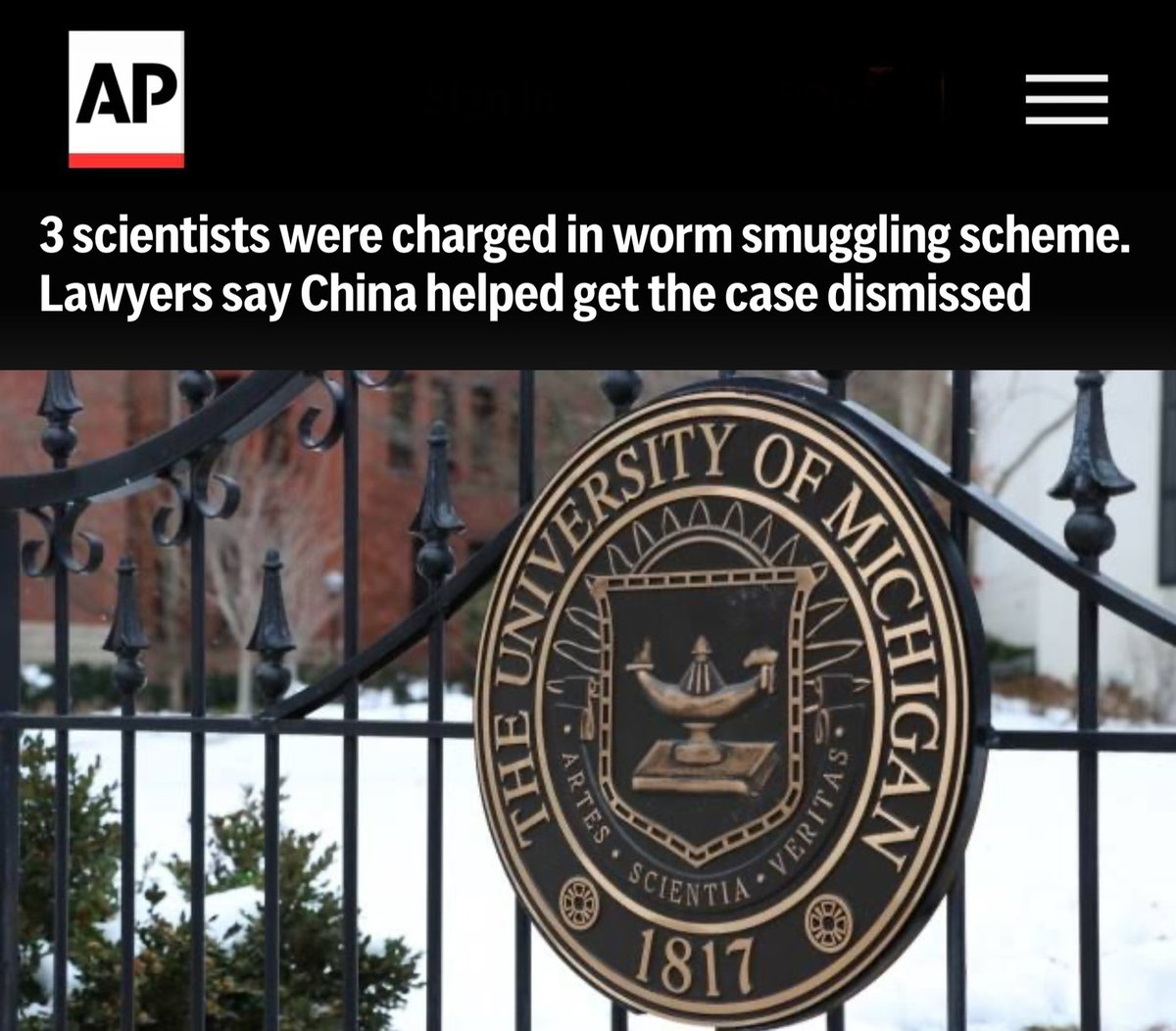 Byron_Wan's tweet photo. The 🇨🇳 government intervened and helped get charges dropped against 3 Chinese scientists —  Xu Bai, Fengfan Zhang and Zhiyong Zhang — at the University of Michigan who were accused of helping a colleague smuggle biological materials into the US.

Bai, Fengfan Zhang and Zhiyong Zhang were in jail for more than three months while the case was pending in federal court in Detroit. A judge suddenly dismissed the charges on Feb 5 at the Justice Department’s request and the three traveled home to China.

https://t.co/T0PCiVznT8