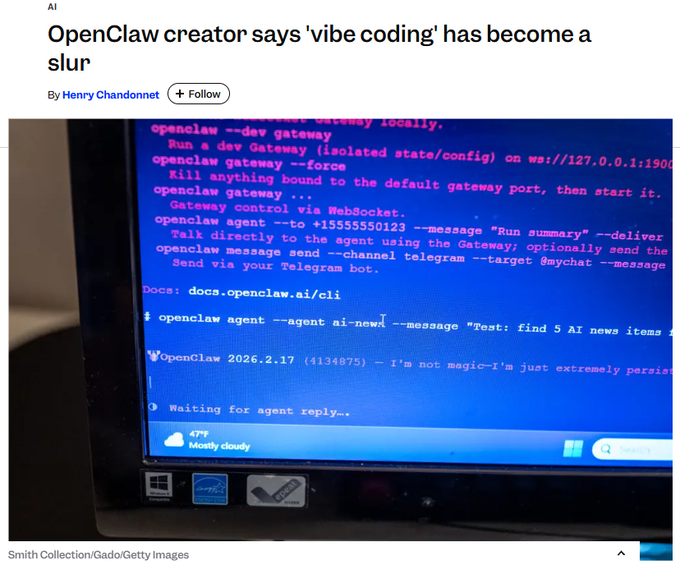Flowshiller's tweet photo. Openclaw has just said vibe coding is now a slur???

https://t.co/JEsMzUrzed https://t.co/01L1MQPdZ4