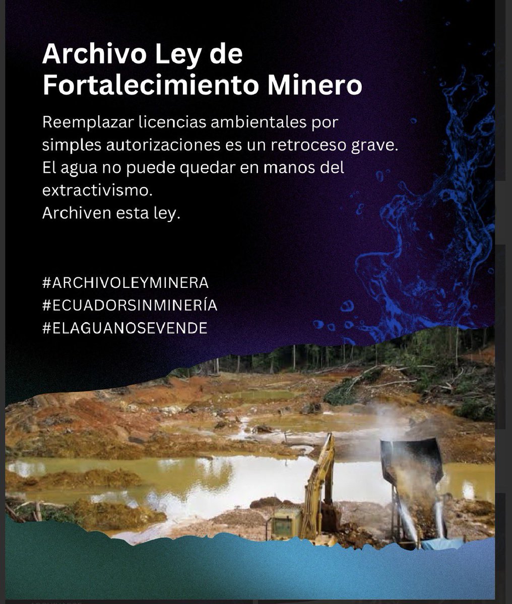 Cuando el Estado flexibiliza controles ambientales, aumenta la contaminación y la conflictividad social. No más retrocesos. <a href="/AsambleaEcuador/">Asamblea Nacional</a> tienen la responsabilidad de ARCHIVAR este proyecto.

#ArchivoLeyMinera
#ElAguaNoSeVende