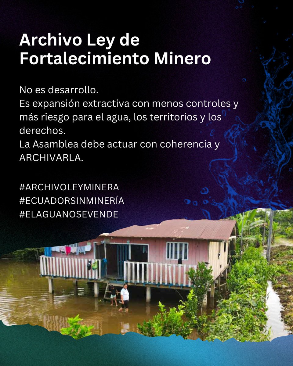 La Ley de Fortalecimiento Minero no es desarrollo. Es expansión extractiva con menos controles y más riesgo para el agua, los territorios y los derechos.
La <a href="/AsambleaEcuador/">Asamblea Nacional</a> debe actuar con coherencia y ARCHIVARLA.

#ArchivoLeyMinera
#ElAguaNoSeVende