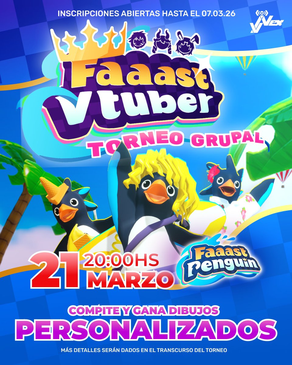 🐧 TORNEO VTUBER x #FaaastPenguin 🐧

Corre, salta y compite con tu equipo para ganar dibujos personalizados!

📅 21.03.26 - 20:00HS (Horario en los comentarios)
🎮 Modalidad: Torneo grupal (no es necesario tener un equipo formado previamente; puedes inscribirte de manera