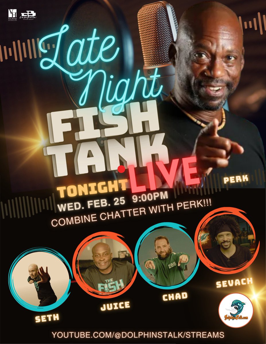 TheFishTank81's tweet image. Perk is back for tonight's Fish Tank LIVE...but what will his connection be like? Only one way to find out! #DiveIn at 9 PM:

youtube.com/watch?v=-jU292…

@ojmcduffie81 @SeriouslySevach @VHLawGroup @chrisperk #CasaBella @DolphinsTalk