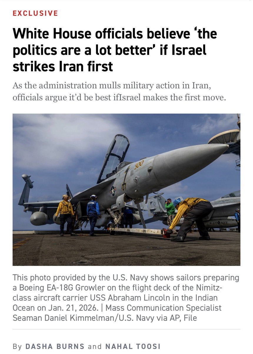 DashaBurns's tweet photo. NEWS: Inside the White House debate over Iran, where some advisers believe the politics are “a lot better” if Israel strikes first, potentially reshaping how Americans see U.S. involvement. 

Story w/ @nahaltoosi 

https://t.co/cGbA3y4oVf https://t.co/RA0mJADD0M