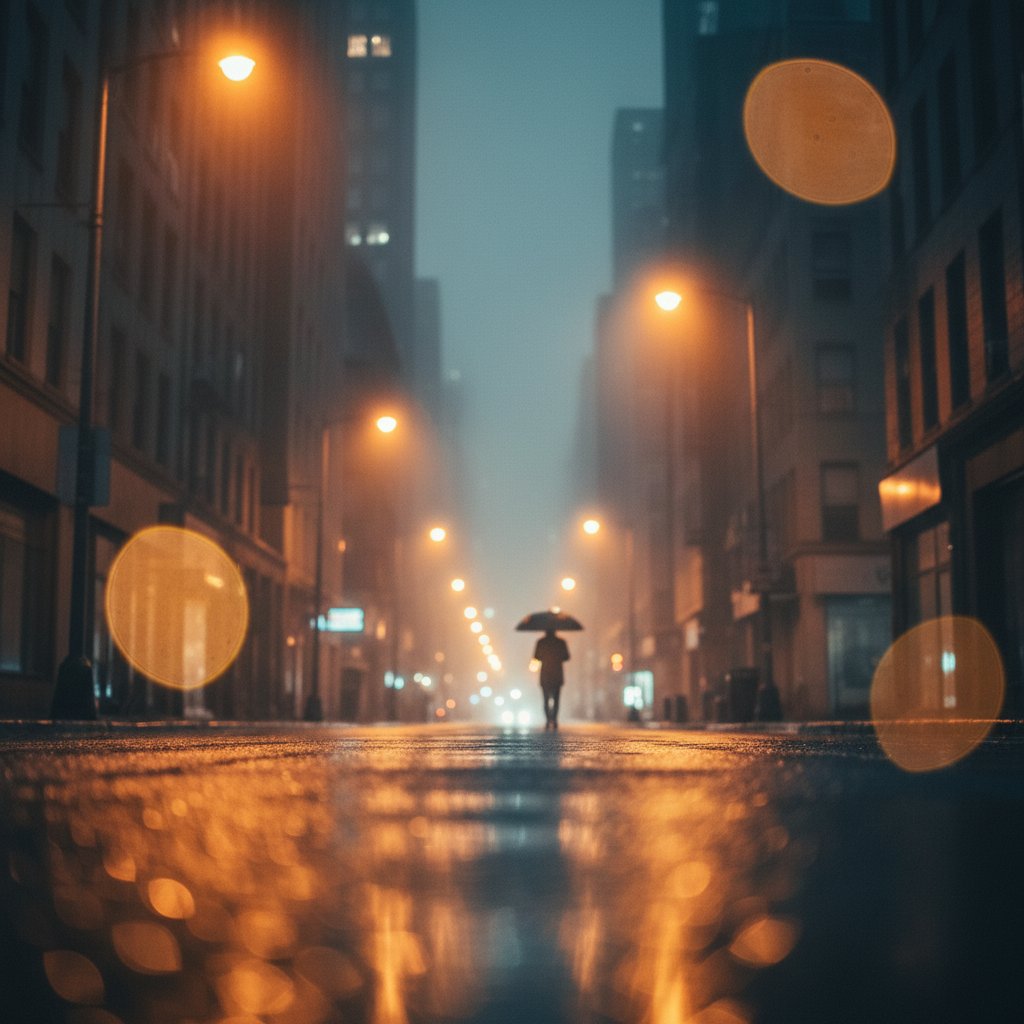 Urban Shadows. The dim street lighting drenches the scene in an atmospheric haze, creating an enigmatic mood. 🌃