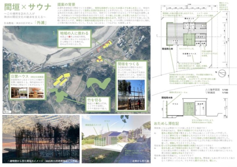 2026年2月18日（水）、すず里山里海移住フロント二地域居住先導的プロジェクト（代表者：珠洲市）が主催する「珠洲おためし滞在拠点デザインコンテスト」において、建築学科4年・島﨑さんの提案作品が『おためし滞在記賞』を受賞しました。