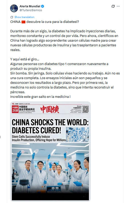 90Hercost's tweet photo. #CHINA 🇨🇳 descubre la cura para la diabetes!?  Durante más de un siglo, la diabetes ha implicado inyecciones diarias, monitoreo constante y un control de por vida. Pero ahora, científicos en China han logrado algo sorprendente: usaron células madre para crear nuevas células productoras de insulina y las trasplantaron a pacientes reales.  Y aquí está el giro... Algunas personas con diabetes tipo 1 comenzaron nuevamente a producir su propia insulina. Sin bomba. Sin jeringa. Solo células vivas haciendo su trabajo. Aún no es una cura completa. Los ensayos iniciales aún son pequeños y se desconocen los resultados a largo plazo. Pero por primera vez, la medicina no solo controla la diabetes, sino que intenta reconstruir el páncreas. Increíble este gran salto en la medicina !