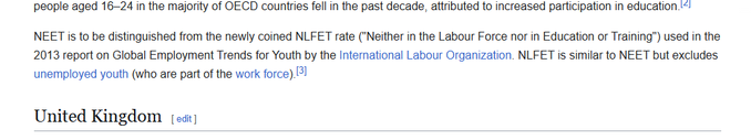 Flowshiller's tweet photo. On the NEET Wikipedia, it says that there is a NEW VERSION of NEET called NFLET (Neither in the Labour Force nor in Education or Training).  

insane fucking narrative, would insta bond with good volume

https://t.co/CtY7OWJu4B https://t.co/wO8lRi06jz
