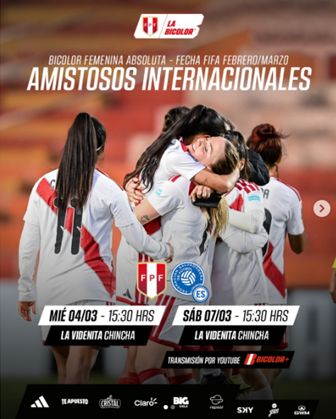 #LaBicolor Femenina Absoluta 🇵🇪 disputará dos partidos amistosos frente a El Salvador, correspondiente a la primera Fecha FIFA FEMENINA.
<a href="/SeleccionPeru/">La Bicolor</a> 
<a href="/esmeraldaayala7/">Esmeralda Ayala</a> 
#AlAngulo