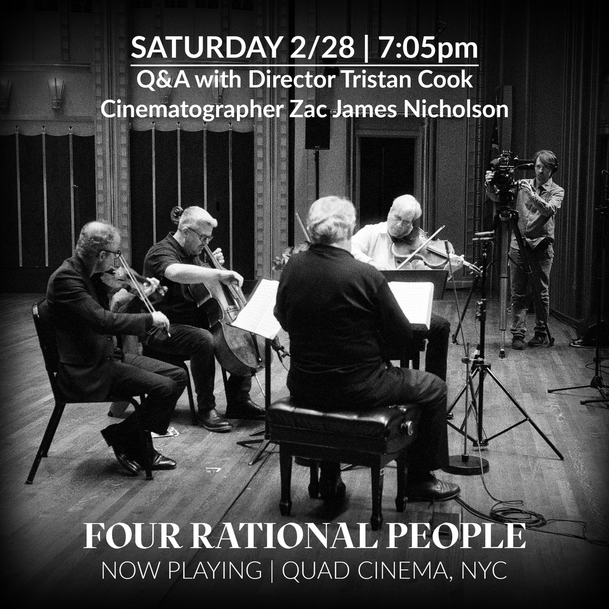 EmersonQuartet's tweet photo. JUST ANNOUNCED: Meet the filmmakers of FOUR RATIONAL PEOPLE at Saturday's 7:05pm screening.

FOUR RATIONAL PEOPLE is now playing at @quadcinema through March 5. Tickets: https://t.co/14XVlpm8Ai https://t.co/NibSWFlLPc