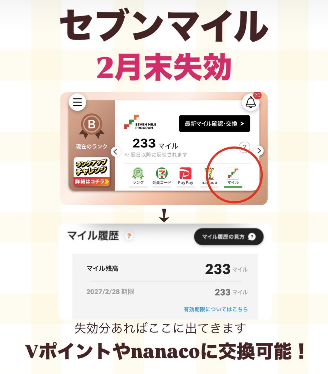 セブンマイル2月末失効⚠️ Vポイントやnanacoに交換出来るので確認し