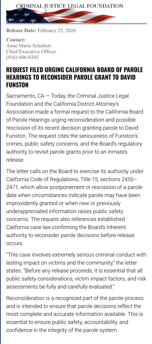 jeffreisig's tweet photo. Convicted and sentenced child rapist David Funston was authorized by a parole board to be released tomorrow, Thursday 2/26, from CA state prison on “Elder Parole.”

Today, The California District Attorneys Association joined the Criminal Justice Legal Foundation & urged the California Board of Parole Hearings to reconsider their flawed release decision under relevant case law and authority.  

It should have never come to this. 

The buck has always stopped with Governor Newsom on this issue. 

He previously approved the amended elder parole law in 2020 and now his fully at-will parole board has triggered a nightmare scenario for dozens of victims and millions of Californians.  

We hope he/they reconsider.