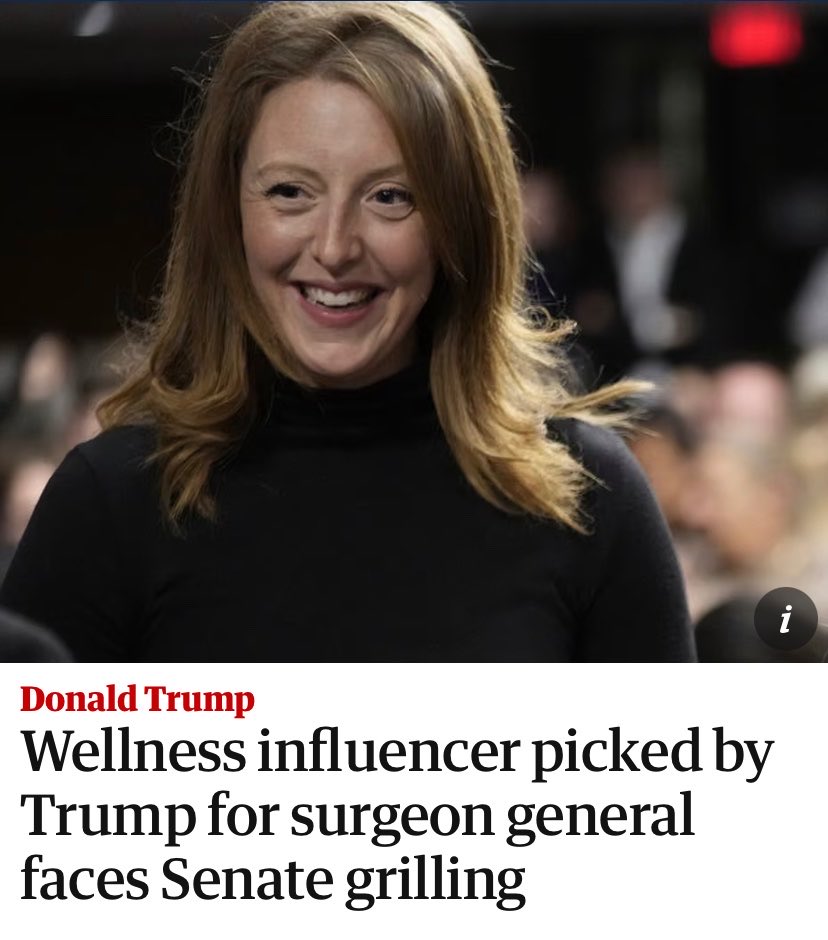 AhmadRehanKhan's tweet image. Meet the new Surgeon General nominee, Dr Casey Means.

• A non practicing wellness influencer physician
• Did not complete her ENT residency training
• Never became board certified
• Does not hold an active medical license to practice medicine
• Has primarily built her