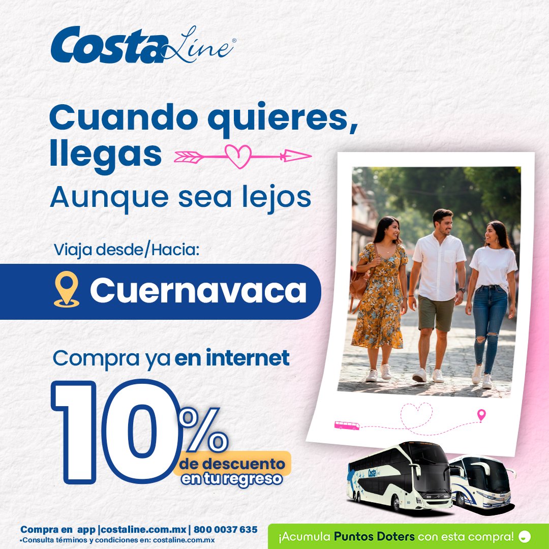 🌸 Viajar a #Cuernavaca es regalarte tiempo, calma y un trayecto que se disfruta de principio a fin.
Empieza el viaje desde tu pantalla.

🎟️ Compra fácil en costaline.com.mx o App 📲

#BoletosAutobus #AnticipaTuViaje