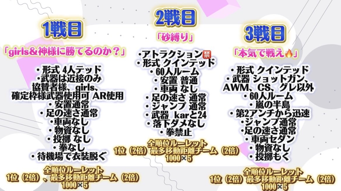 本日‼️21:00〜【討伐隊girls配信】🌸

ルーム3戦(協賛者様、5000以上のスパチャ、クジラのダイビング以上は確定枠‼️)

コメ欄抽選🎯
Tiktok &amp; YouTubeコメ欄抽選あり！

総額25,000‼️

たくさんのご参加是非お待ちしてます🌟