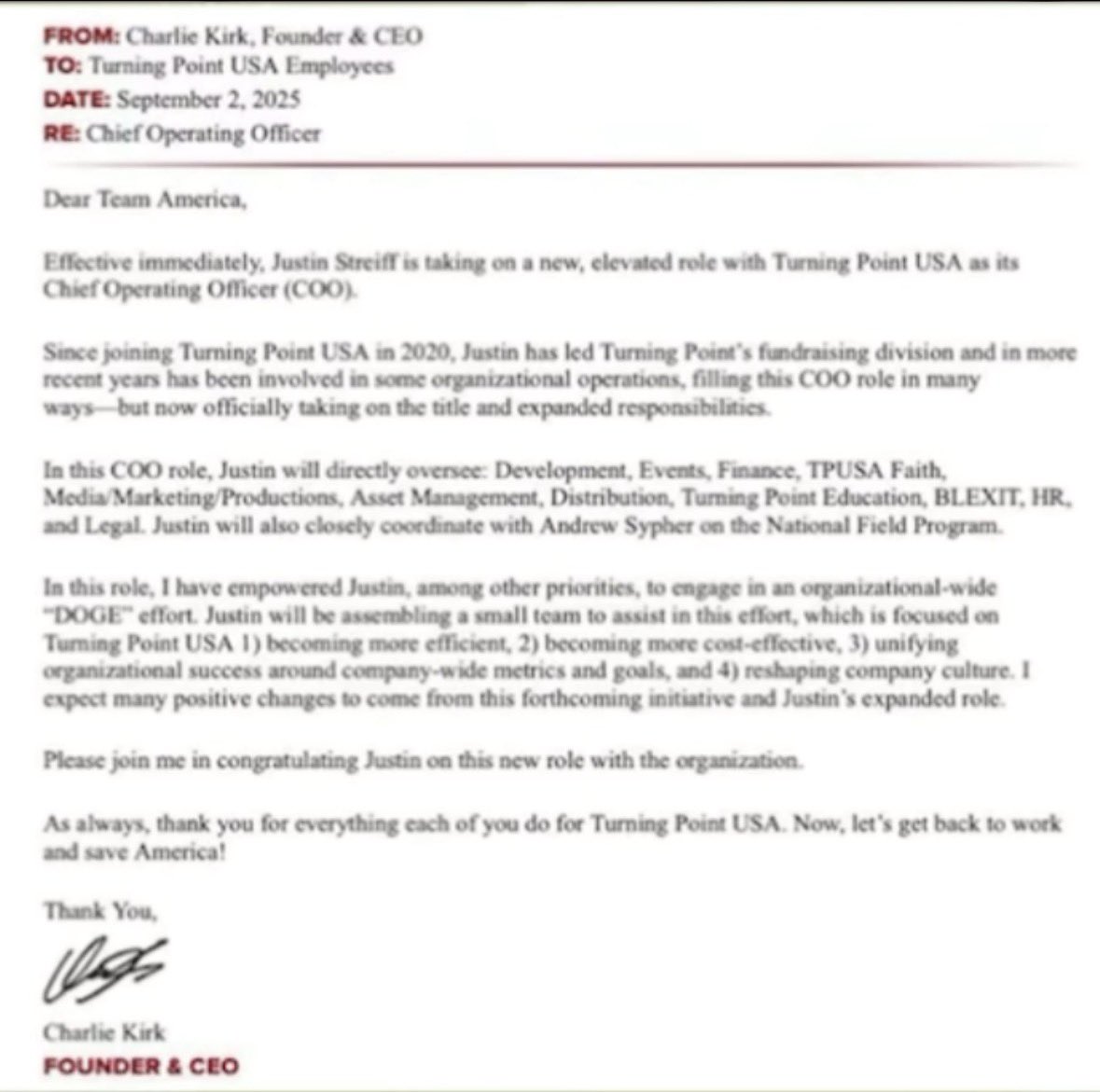 8 days before Charlie Kirk was assassinated… he released an internal memo of a Doge style financial audit.

Fair questions:
- Why hasn’t this happened yet?
- Is it not suspicious this hasn’t happened?

These are fair questions to ask.